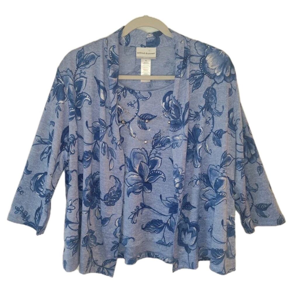 Alfred Dunner Sweater Set Women's PL Blue floral Two Piece Tank & Cardigan NWT